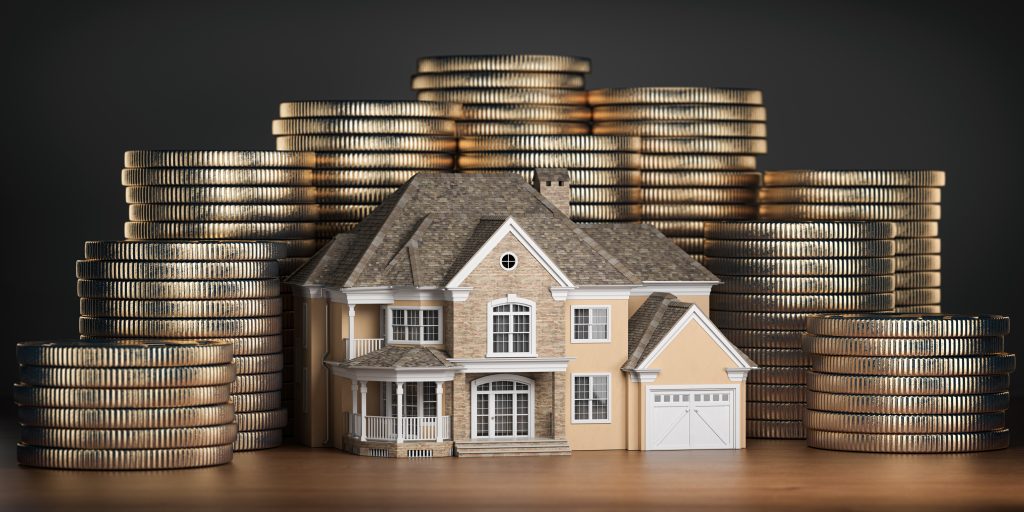 Real estate investments and mortgage concept. House and stack of coins. Saving money for buy a house for family.  3d illustration