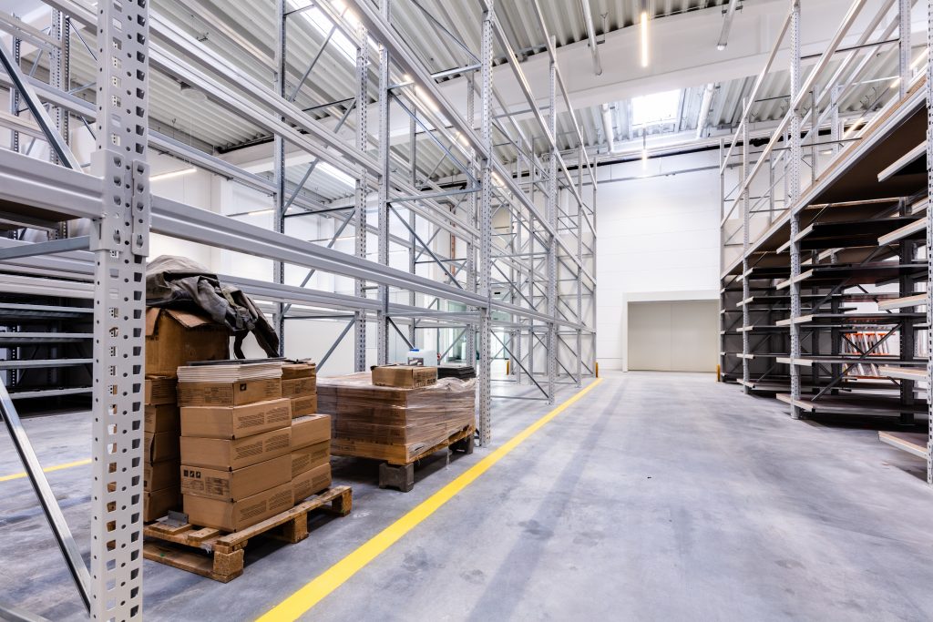 Warehouse industrial hall racking storage racks. Shelving system