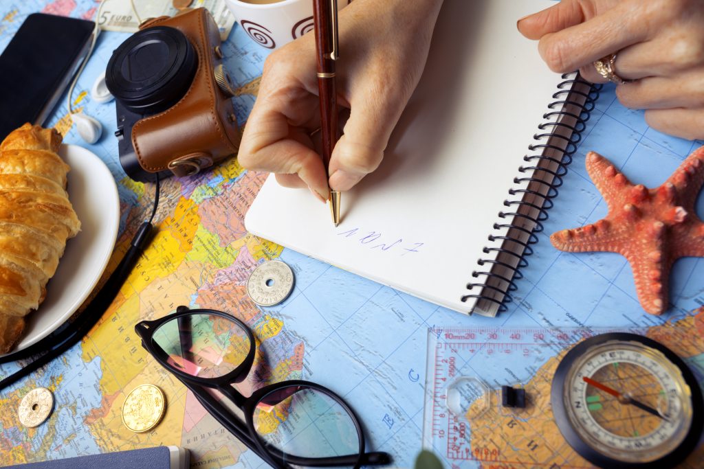 Plan of trip. background - Women's hands and map, retro camera, money, compass