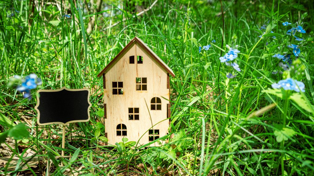 Wooden house on green grass. House for sale. Real estate, family home, eco friendly house concept