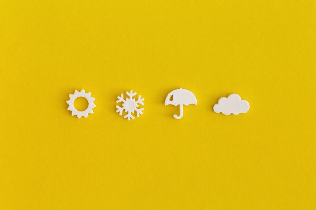 Weather icons set on yellow background. Weather forecast concept.
