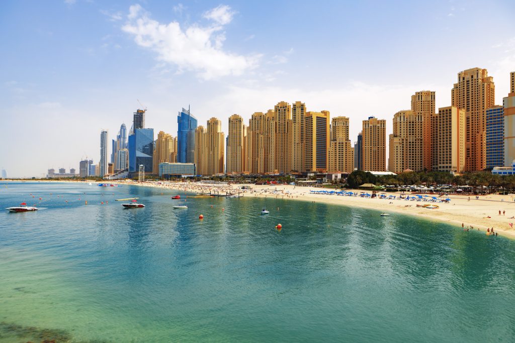 Panorama of the beach at Jumeirah Beach Residence, Dubai, UAE