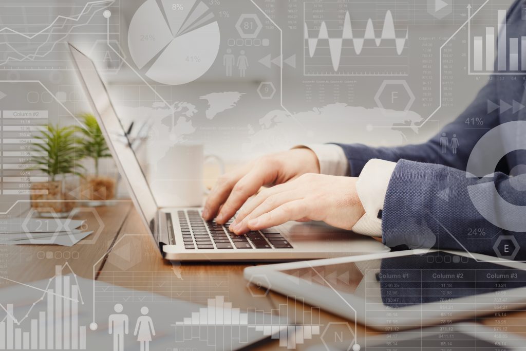 Digital marketing concept. Interactive virtual screen with business processes over businessman typing on laptop in office space, creative collage