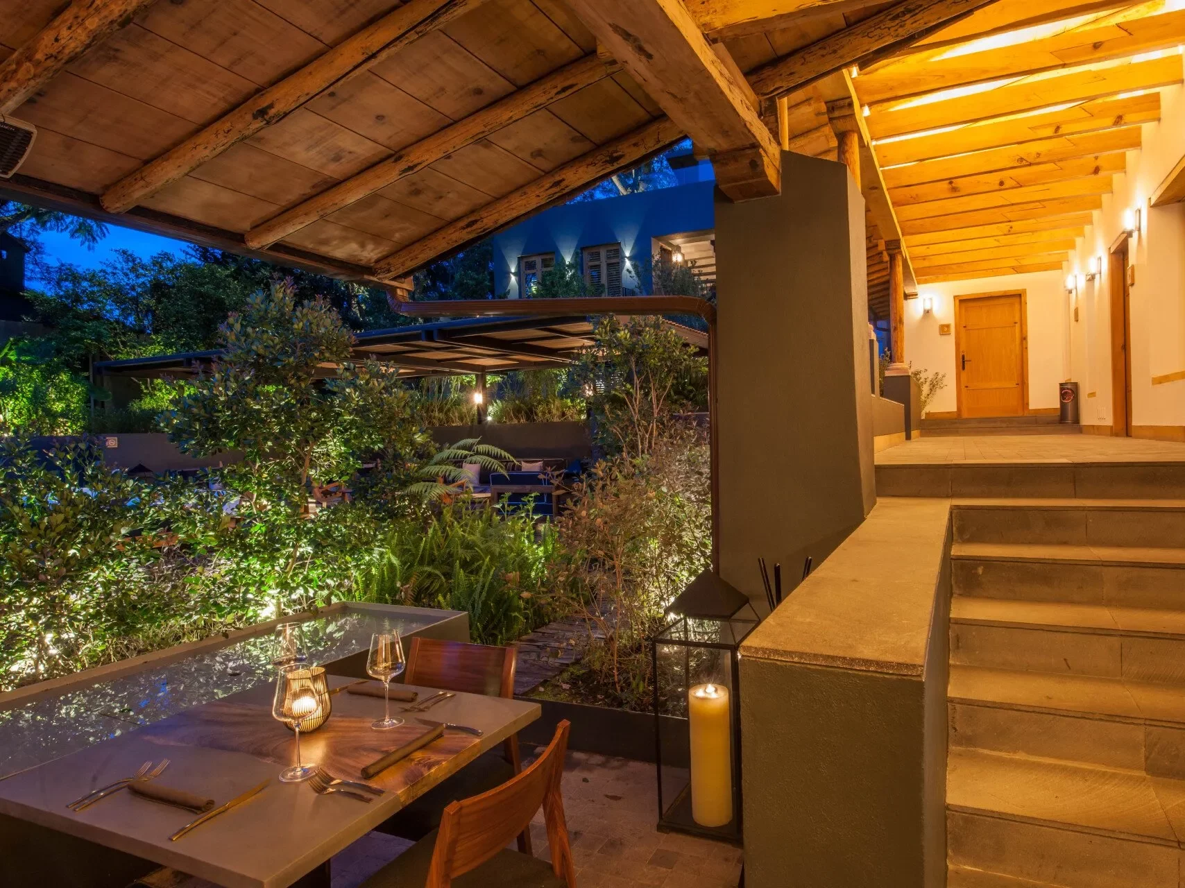 outdoor dining area at Nuestro restaurant in La Casa Rodavent, one of the best restaurants in Valle de Bravo